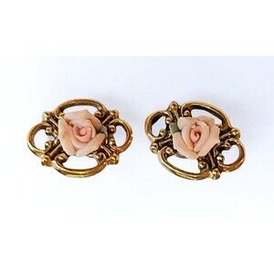 1928 14K Gold Dipped Rose Earrings Handmade Pink Genuine Porcelain Rose Stud
